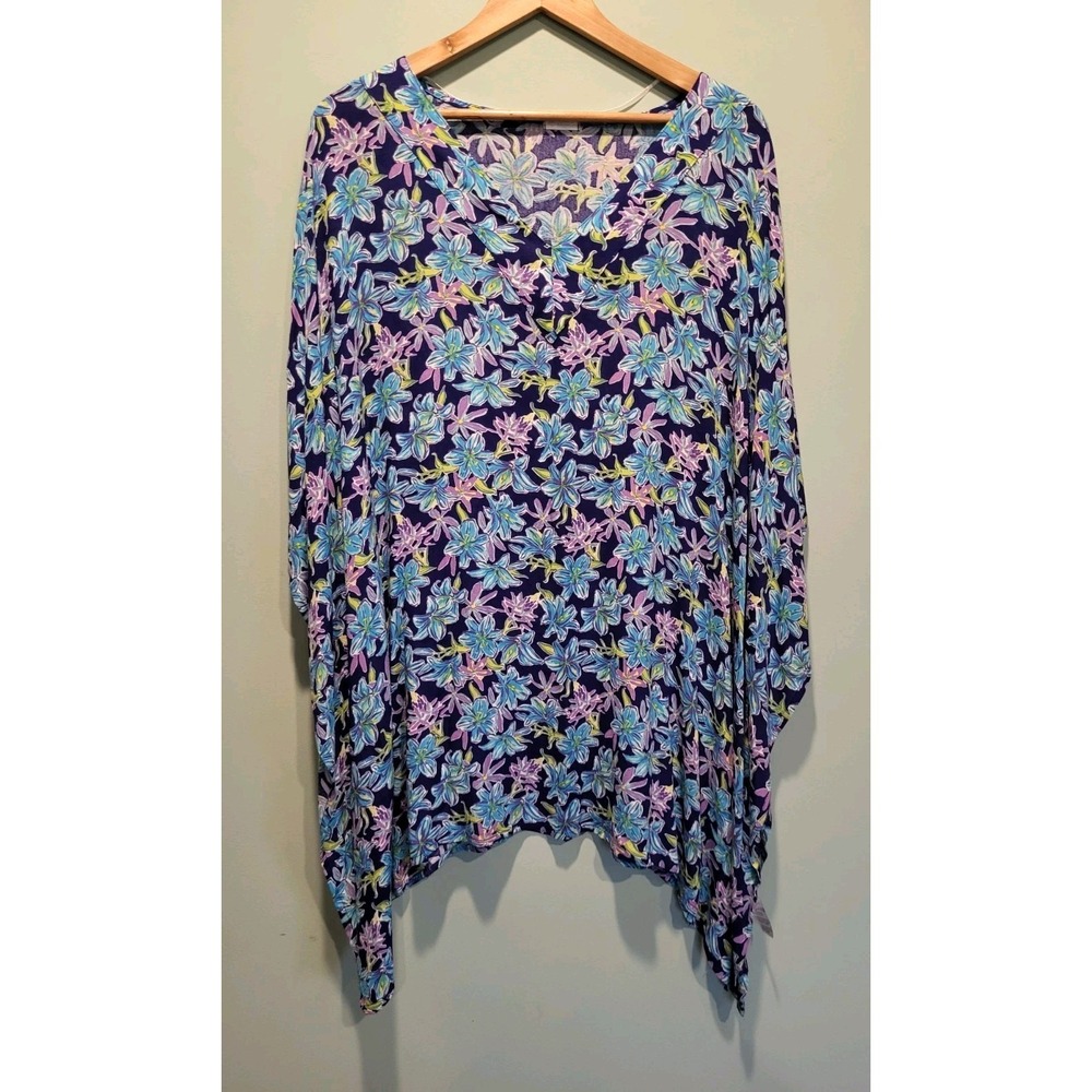 Maui Mamas Blue Purple Floral Poncho Style Swimsuit Cover Up Top One Size Flirty